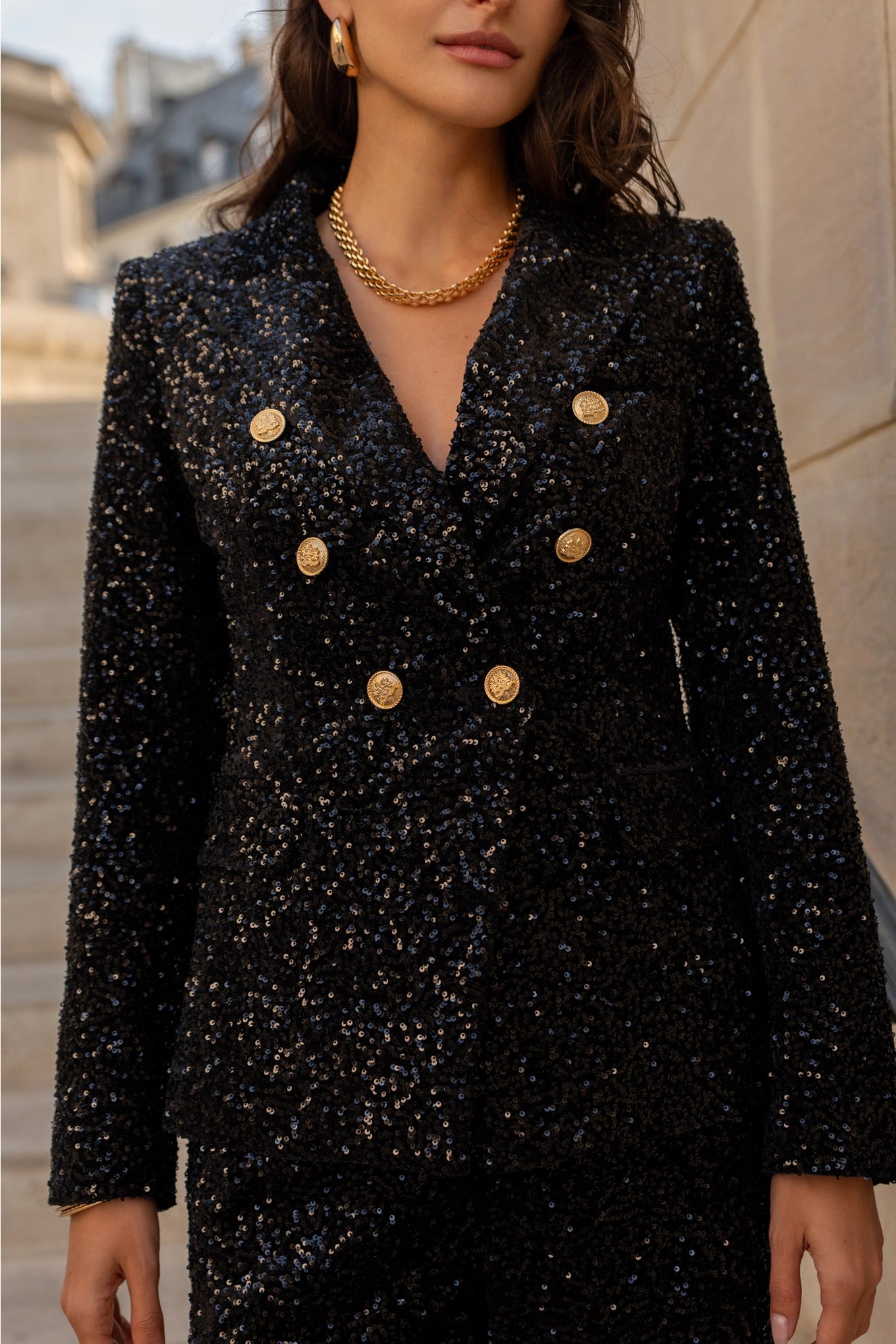Fitted Sequin Blazer with Gold Buttons