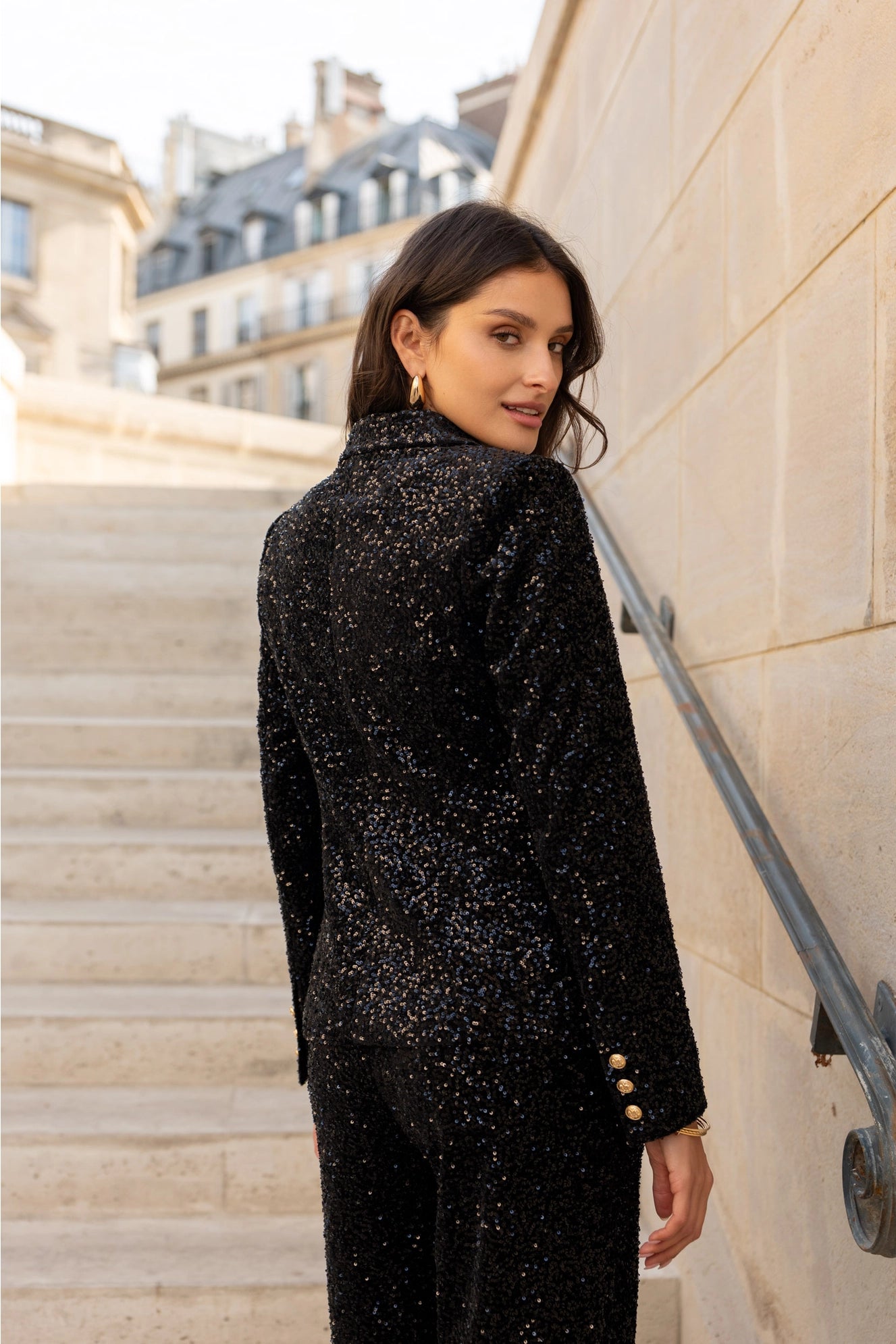 Fitted Sequin Blazer with Gold Buttons