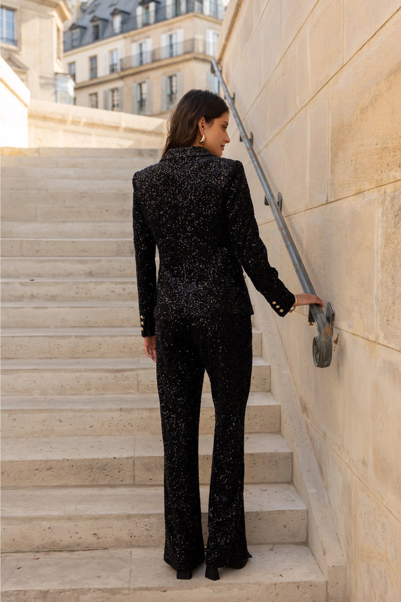 Fitted Sequin Blazer with Gold Buttons