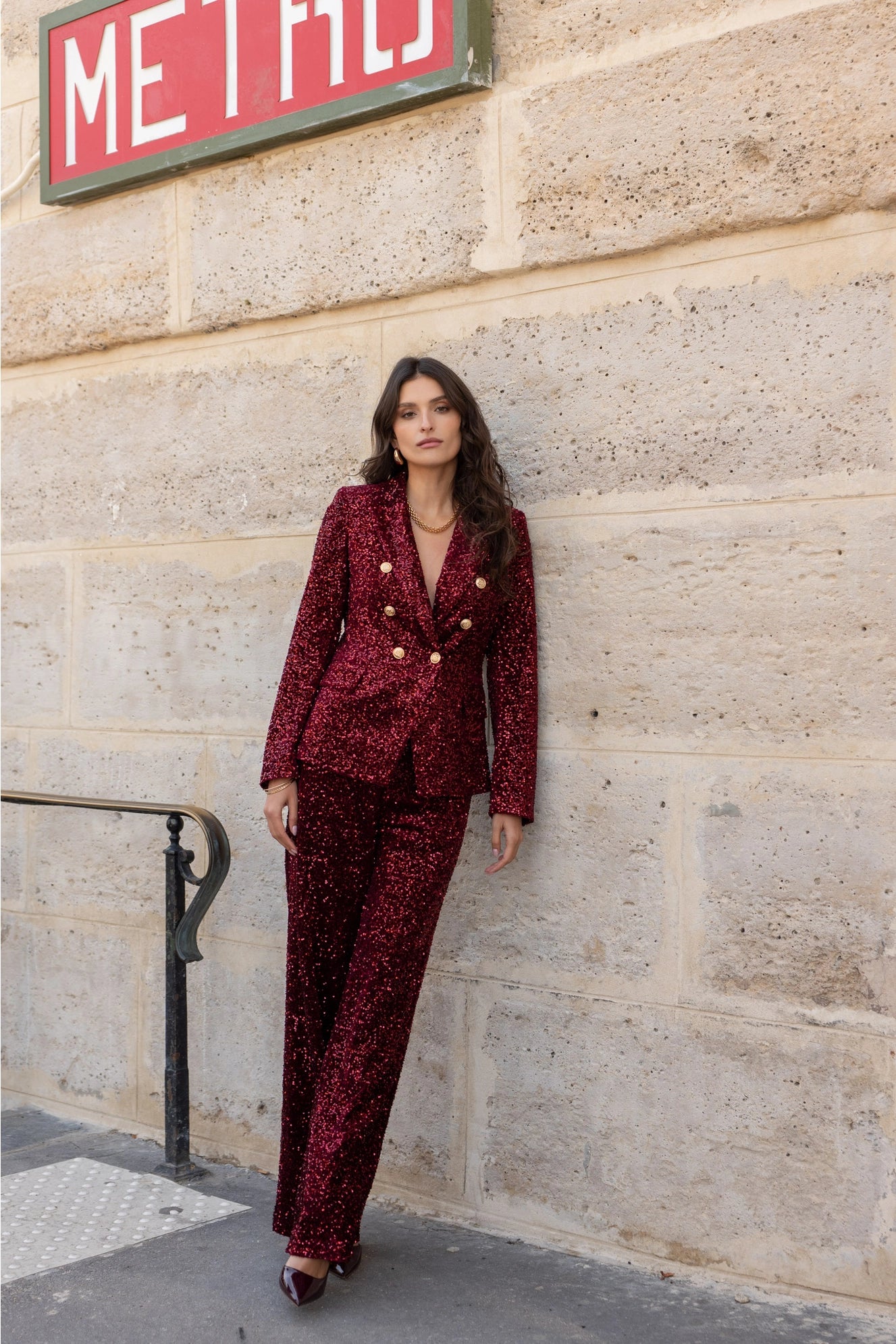 Fitted Sequin Blazer with Gold Buttons