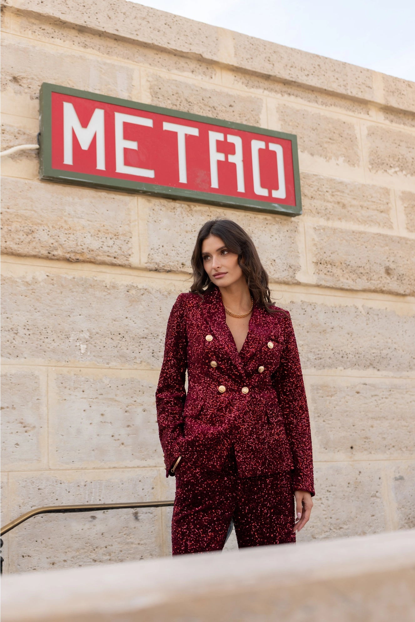 Fitted Sequin Blazer with Gold Buttons
