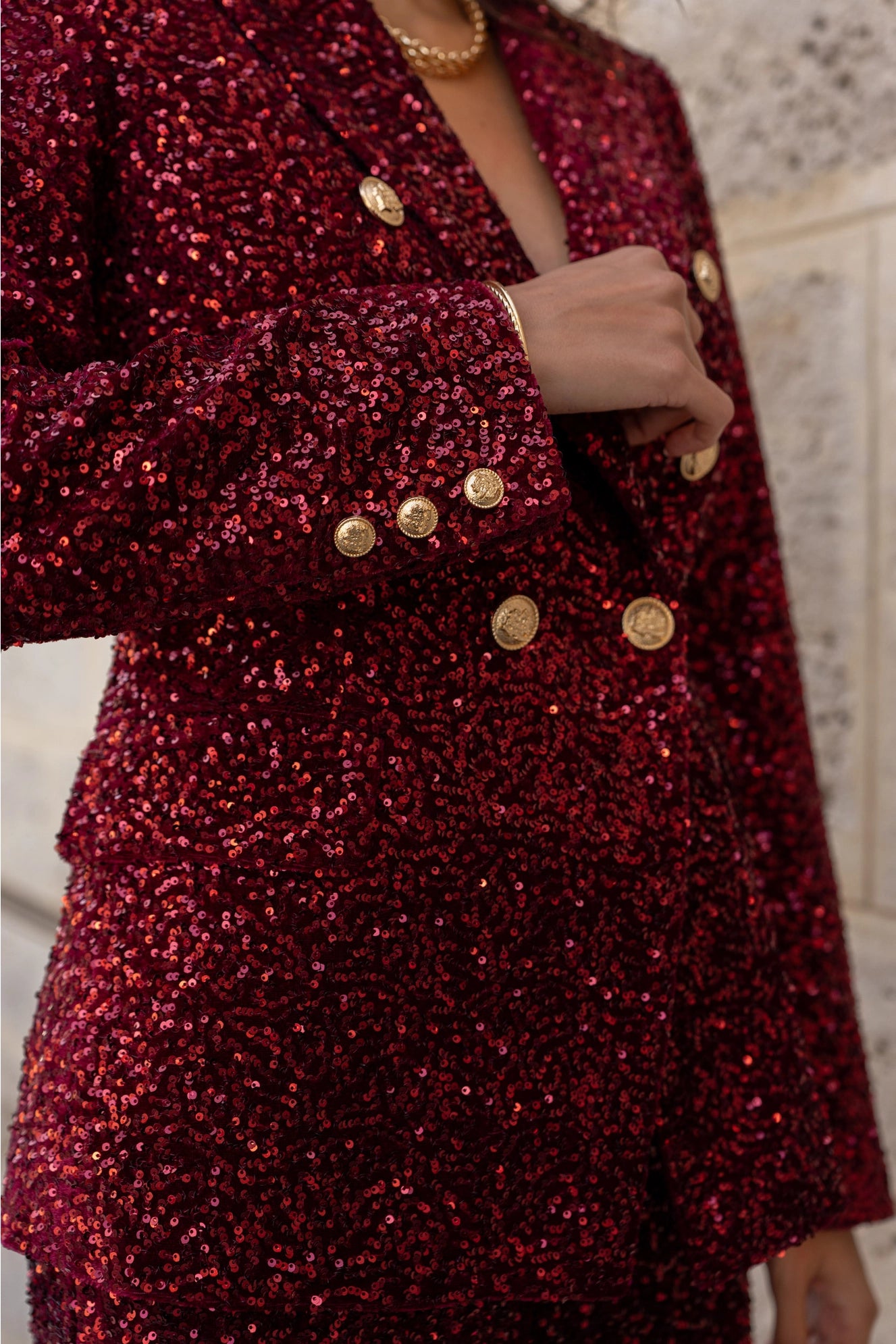 Fitted Sequin Blazer with Gold Buttons