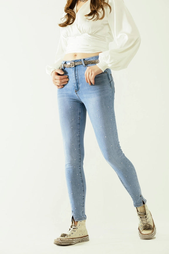 Five-Pocket Skinny Jeans in Stretch Denim with Strass Detail-Jeans-Q2-XS-Blue-Urbanheer