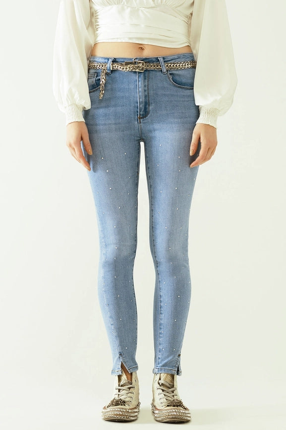 Five-Pocket Skinny Jeans in Stretch Denim with Strass Detail-Jeans-Q2-XS-Blue-Urbanheer