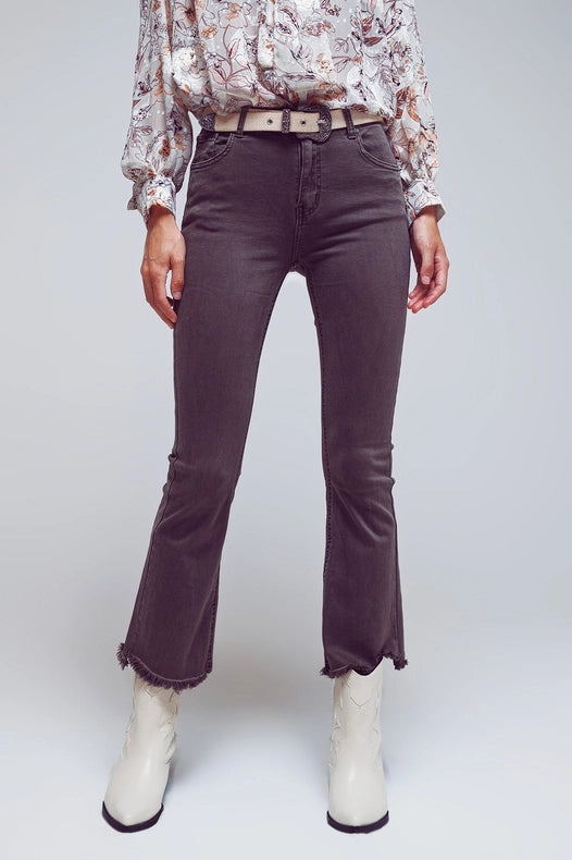 Flare Jeans With Raw Hem Edge In Dark Grey-Jeans-Q2-XS-Grey-Urbanheer
