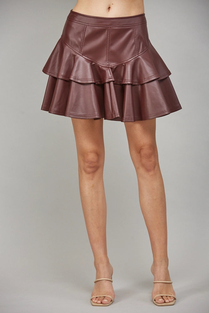 Flared Hem High Waisted Faux Leather Mini Skirt