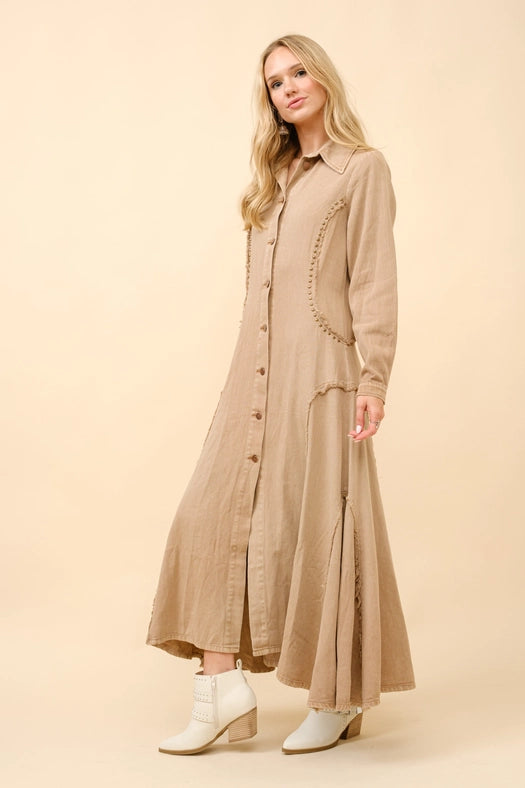 Flared Yoke Shirt Maxi Dress-Dress-Blue B-S-WASHED CAMEL-Urbanheer