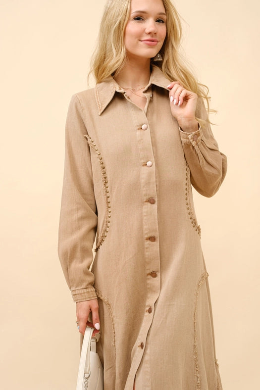 Flared Yoke Shirt Maxi Dress-Dress-Blue B-S-WASHED CAMEL-Urbanheer