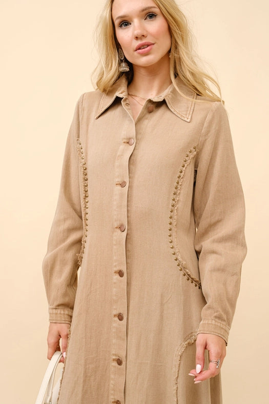 Flared Yoke Shirt Maxi Dress-Dress-Blue B-S-WASHED CAMEL-Urbanheer