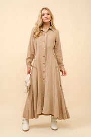 Flared Yoke Shirt Maxi Dress-Dress-Blue B-S-WASHED CAMEL-Urbanheer
