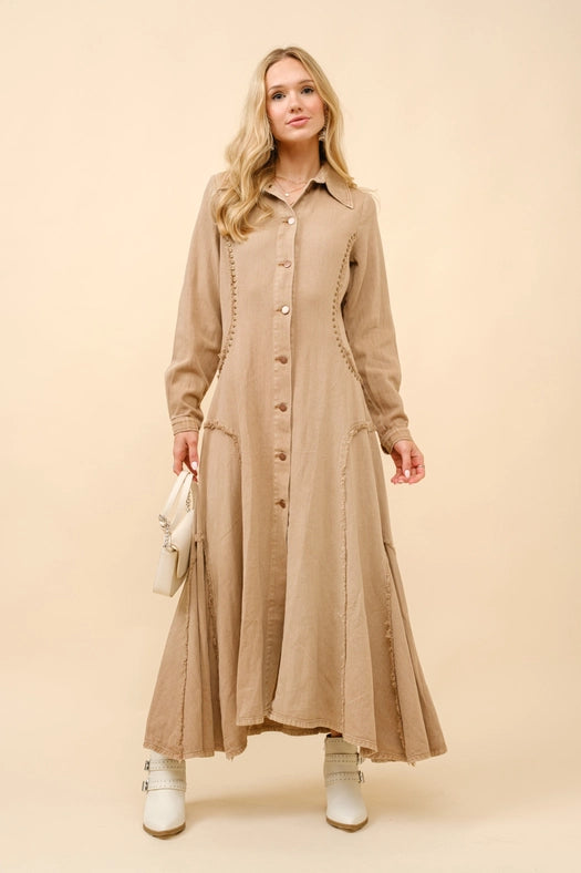Flared Yoke Shirt Maxi Dress-Dress-Blue B-S-WASHED CAMEL-Urbanheer