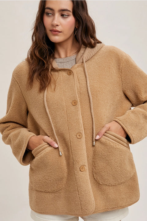 Fleece Hooded Button Down Jacket Inner Faux Suede