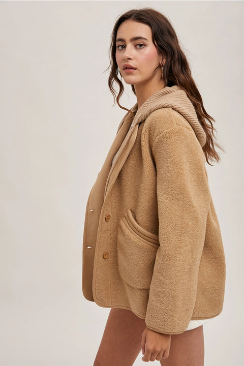 Fleece Hooded Button Down Jacket Inner Faux Suede