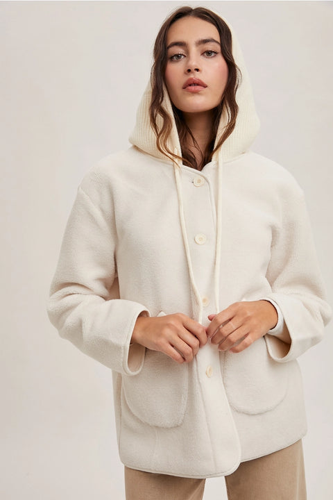 Fleece Hooded Button Down Jacket Inner Faux Suede