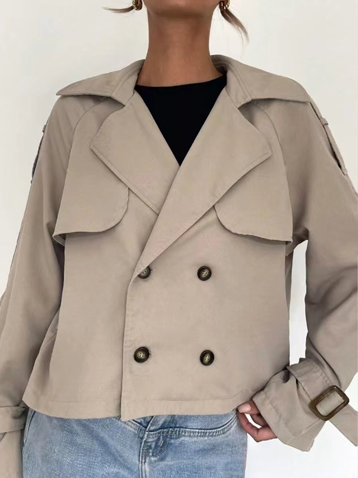 Flip Collar Double Breasted Short Long Sleeved Jacket