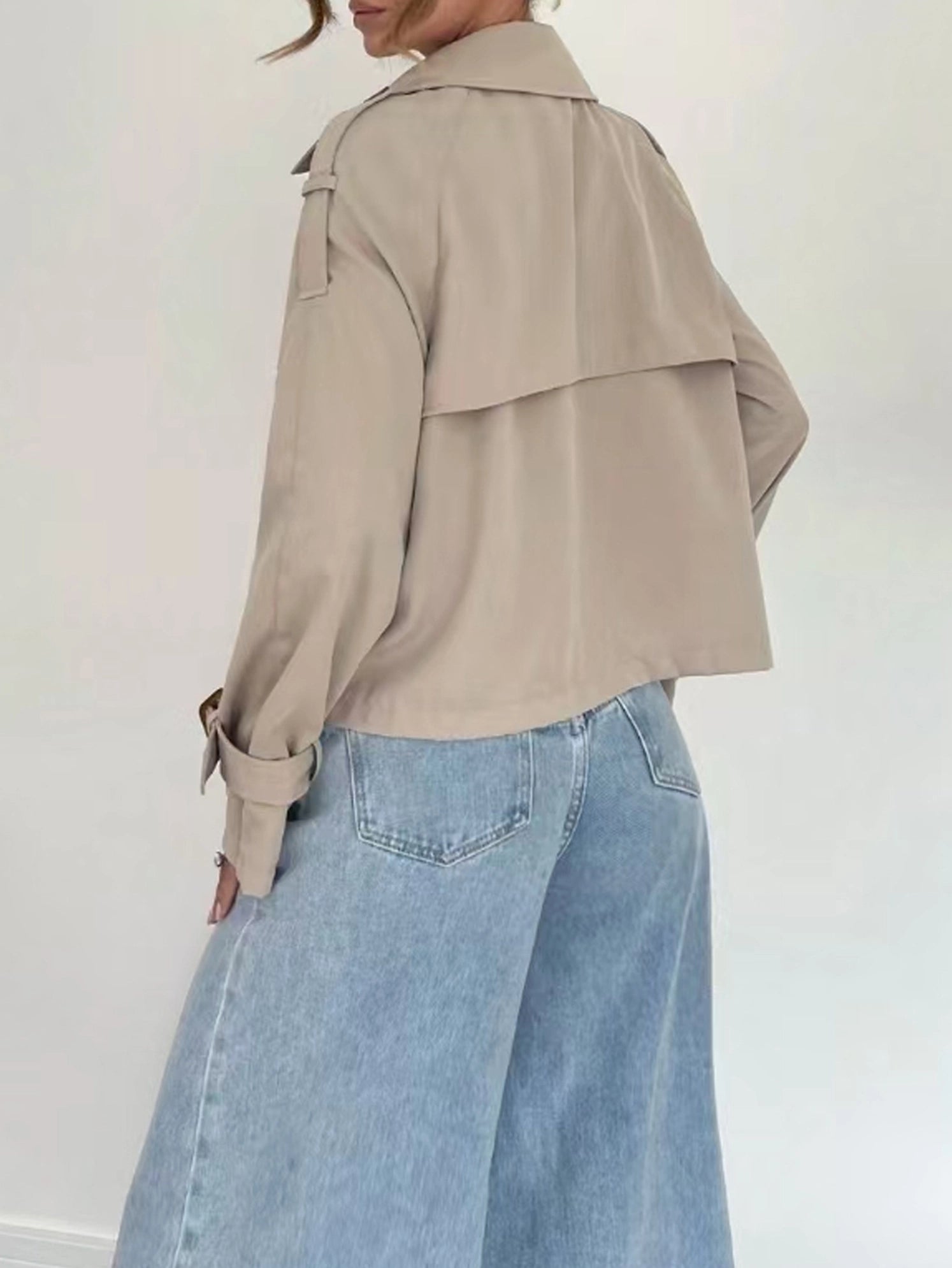 Flip Collar Double Breasted Short Long Sleeved Jacket