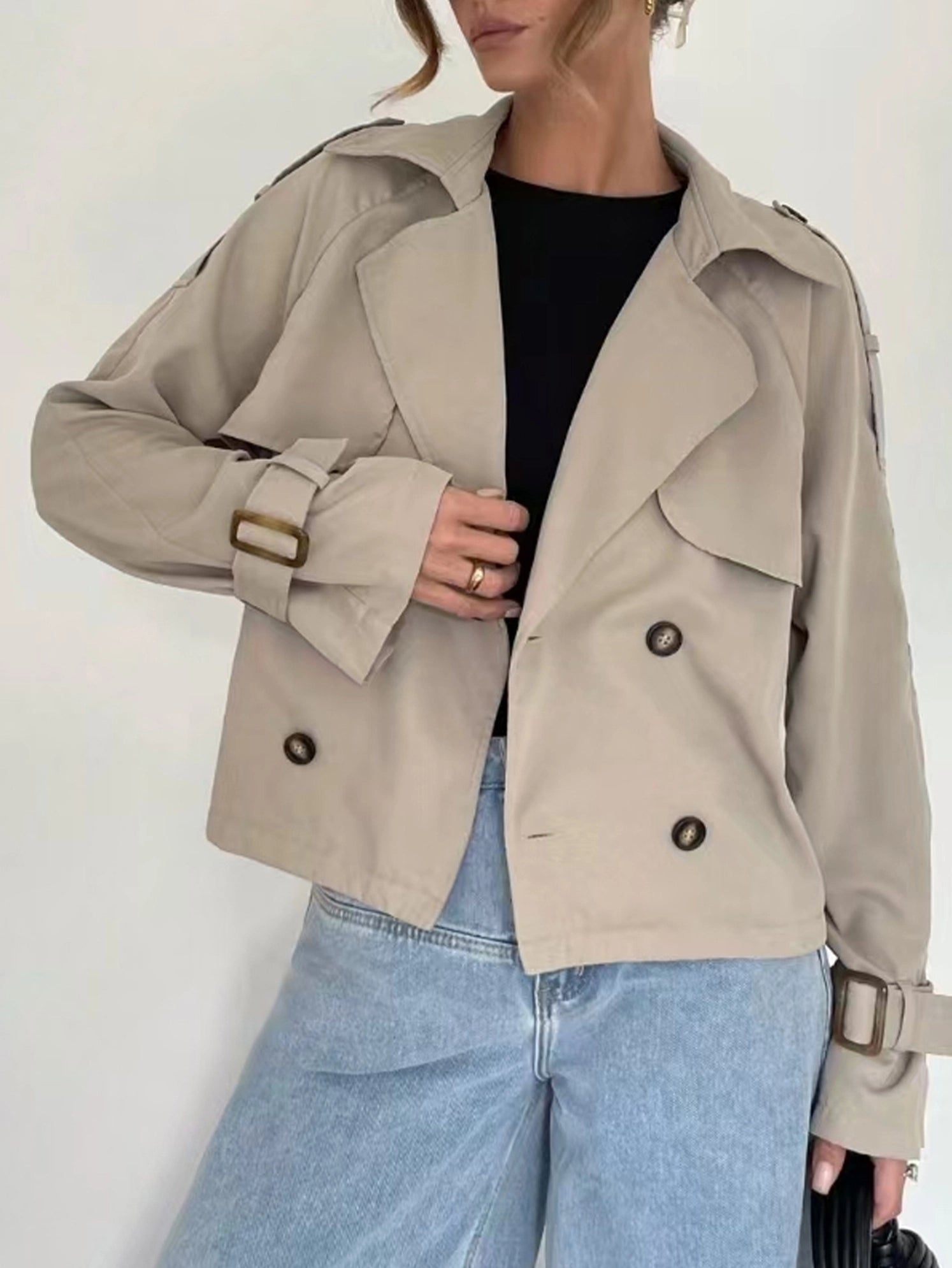 Flip Collar Double Breasted Short Long Sleeved Jacket