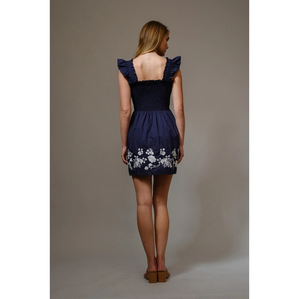 Flirty Smocked Embroidered Mini Dress-Dress-Apolline-S-DARK NAVY-Urbanheer