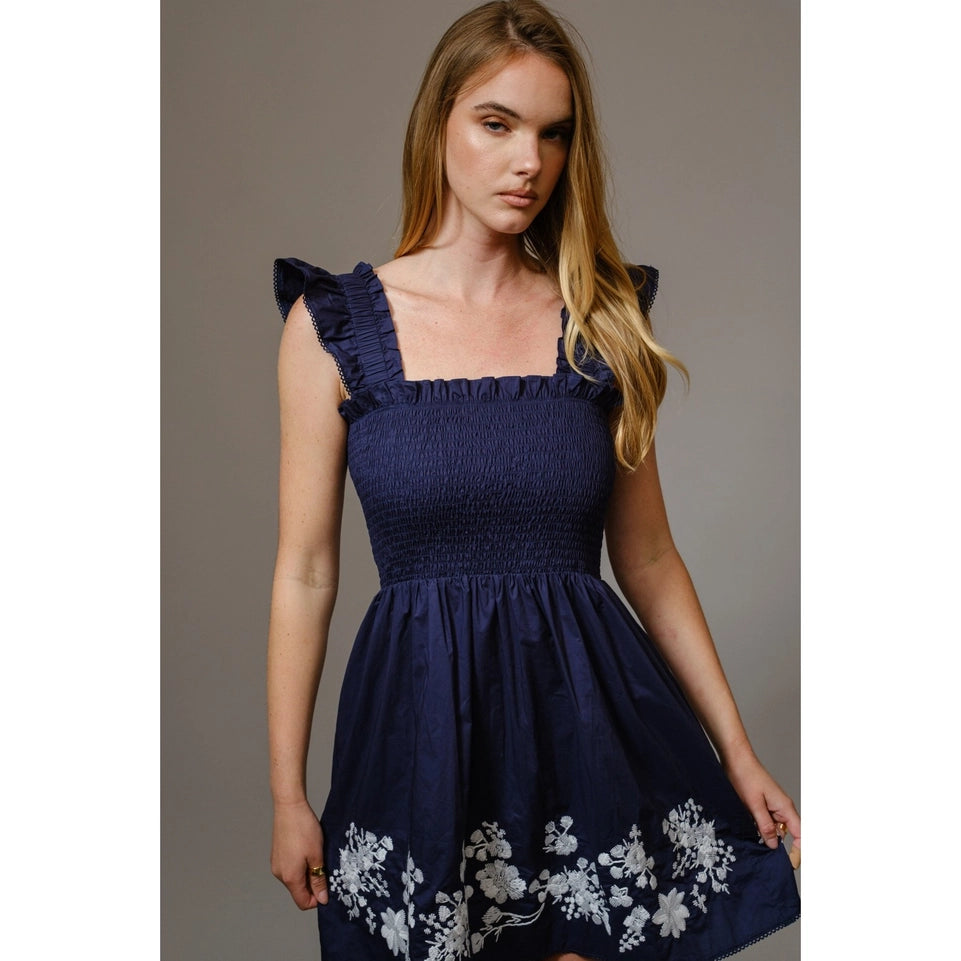 Flirty Smocked Embroidered Mini Dress-Dress-Apolline-S-DARK NAVY-Urbanheer