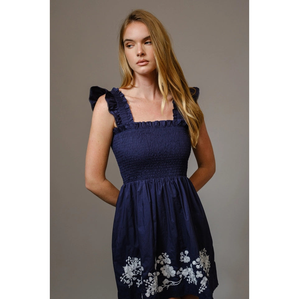 Flirty Smocked Embroidered Mini Dress-Dress-Apolline-S-DARK NAVY-Urbanheer