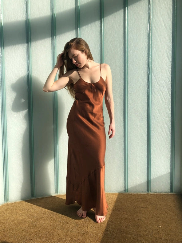 Floor Length Mulberry Silk Slip in Tobacco-Dress-Ocean Prairie-S-Tobacco-Urbanheer