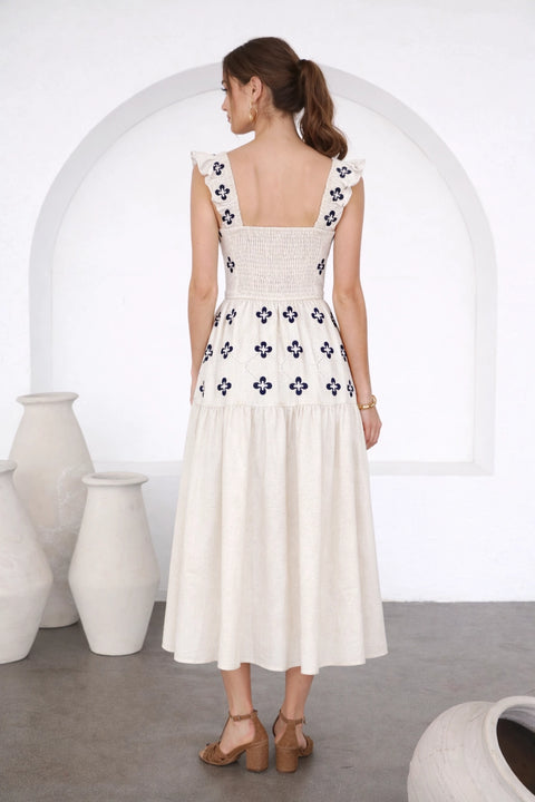 Flora Tile Pattern Ruffle Sleeve Midi Dress