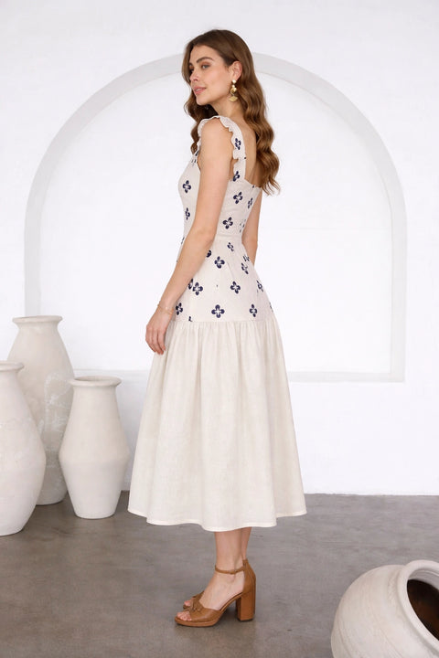 Flora Tile Pattern Ruffle Sleeve Midi Dress