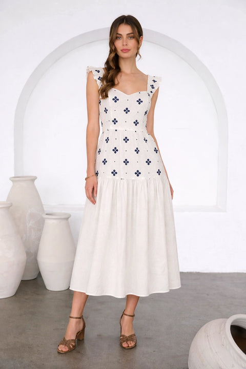 Flora Tile Pattern Ruffle Sleeve Midi Dress