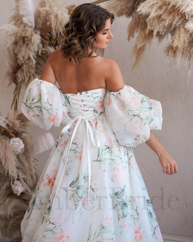 Floral A Line Organza Wedding Dress with Puffed Sleeve-Wedding Dress-AmberBride.com (AmberWay LLC)-2-Urbanheer