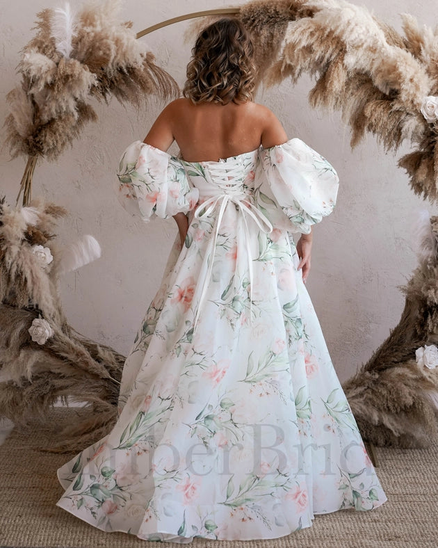 Floral A Line Organza Wedding Dress with Puffed Sleeve-Wedding Dress-AmberBride.com (AmberWay LLC)-2-Urbanheer