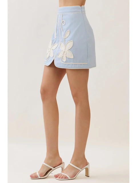 Floral Appliqué Front Slit Mini Skirt - Blue