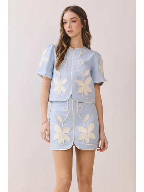 Floral Appliqué Front Slit Mini Skirt - Blue