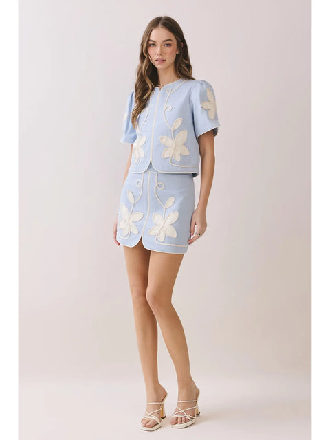 Floral Appliqué Front Slit Mini Skirt - Blue