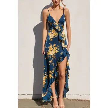 Floral Asymmetrical Ruffle Maxi Dress