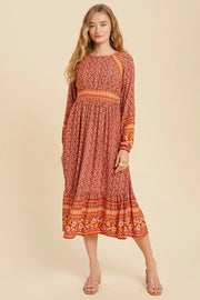 Floral Border Print Boho Midi-Dress-In Loom-S-RUST FLORAL-Urbanheer