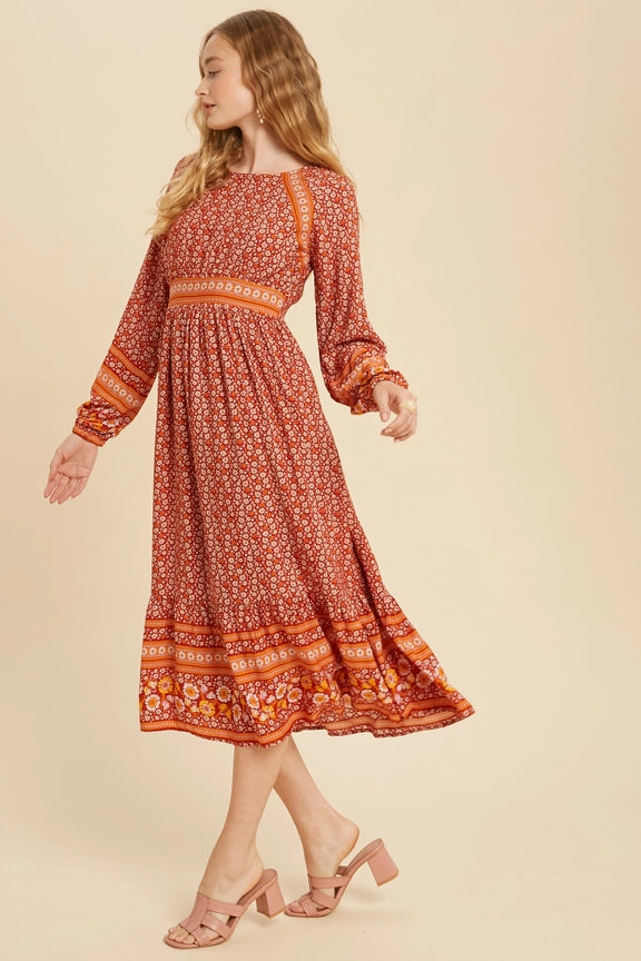 Floral Border Print Boho Midi-Dress-In Loom-S-RUST FLORAL-Urbanheer
