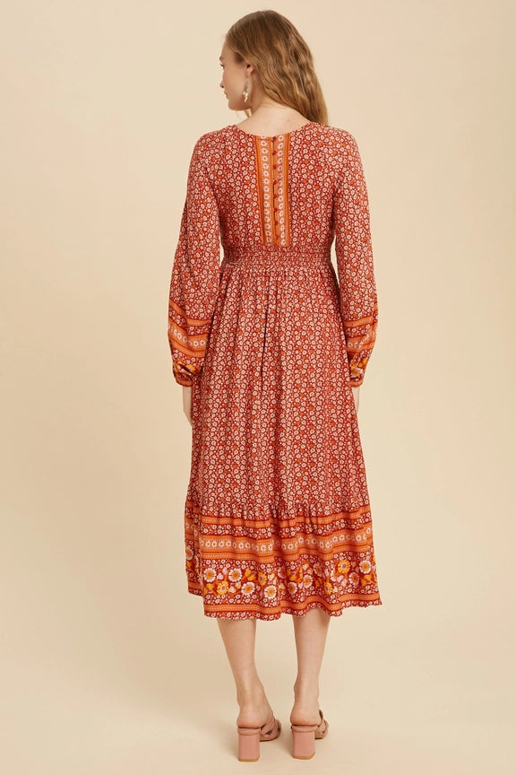 Floral Border Print Boho Midi-Dress-In Loom-S-RUST FLORAL-Urbanheer