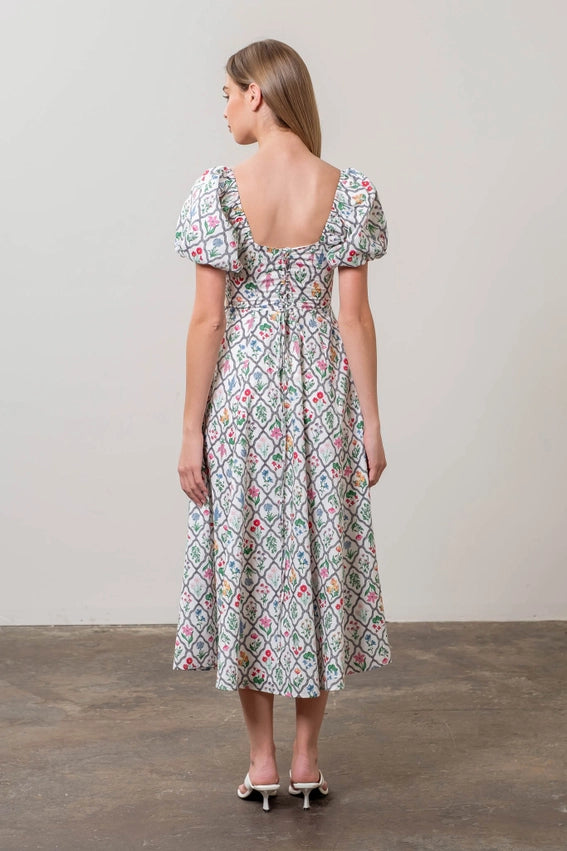 Floral Bouquet Puff Sleeve Corset Midi Dress IVORY MULTI-Dress-Moon River-XS-IVORY MULTI-Urbanheer