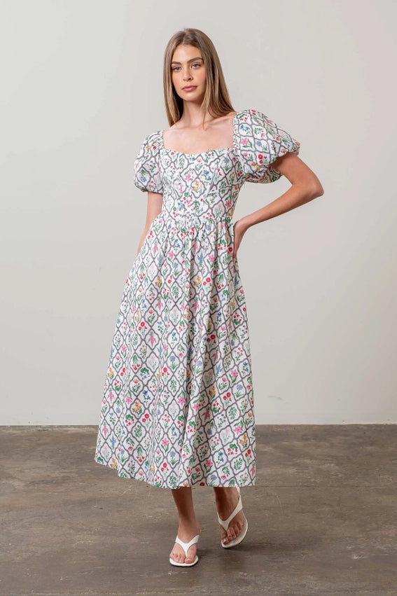 Floral Bouquet Puff Sleeve Corset Midi Dress IVORY MULTI-Dress-Moon River-XS-IVORY MULTI-Urbanheer