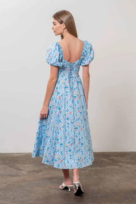 Floral Bouquet Puff Sleeve Corset Midi Dress LIGHT BLUE MULTI-Dress-Moon River-XS-LIGHT BLUE MULTI-Urbanheer