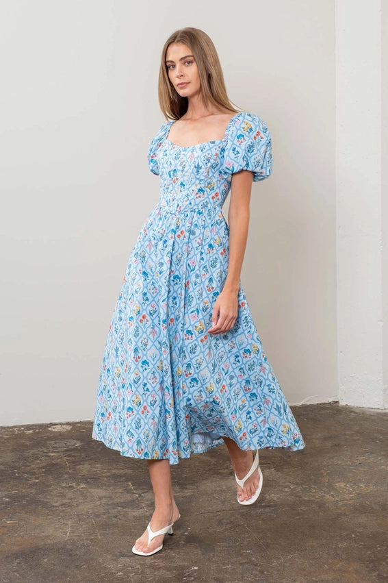Floral Bouquet Puff Sleeve Corset Midi Dress LIGHT BLUE MULTI-Dress-Moon River-XS-LIGHT BLUE MULTI-Urbanheer