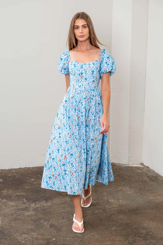 Floral Bouquet Puff Sleeve Corset Midi Dress LIGHT BLUE MULTI-Dress-Moon River-XS-LIGHT BLUE MULTI-Urbanheer