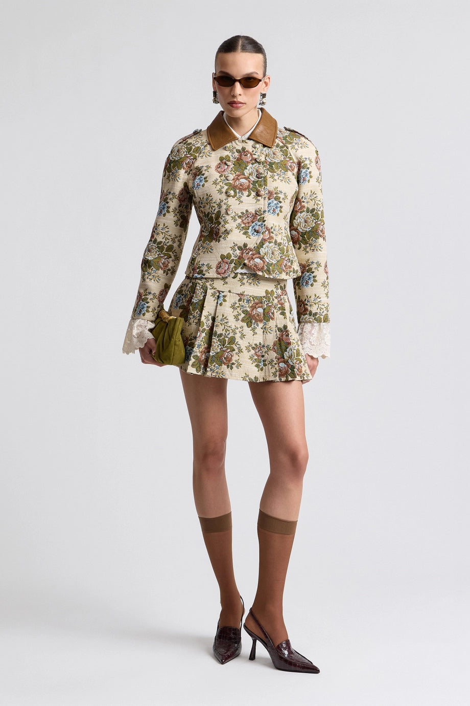 Floral Brocade Fitted Blazer with Lace Trim Sleeves