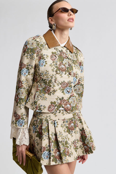 Floral Brocade Fitted Blazer with Lace Trim Sleeves