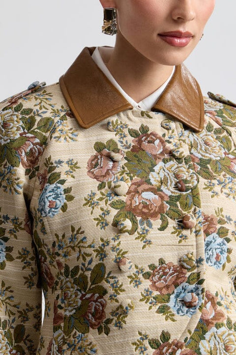Floral Brocade Fitted Blazer with Lace Trim Sleeves