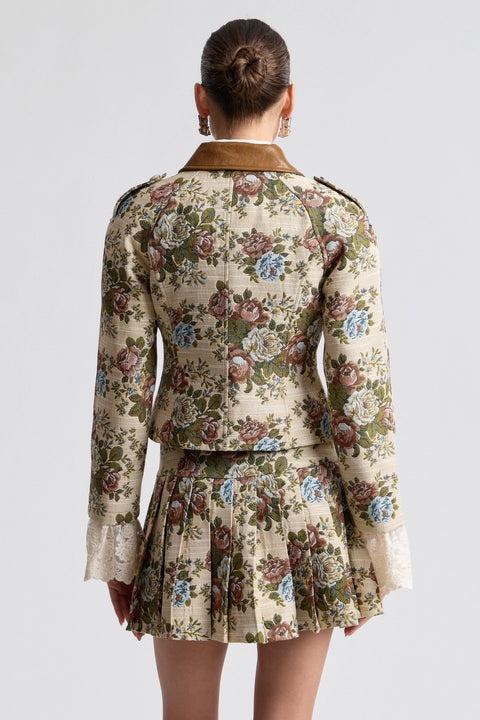 Floral Brocade Fitted Blazer with Lace Trim Sleeves