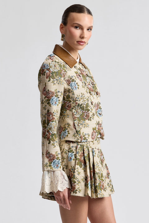 Floral Brocade Fitted Blazer with Lace Trim Sleeves