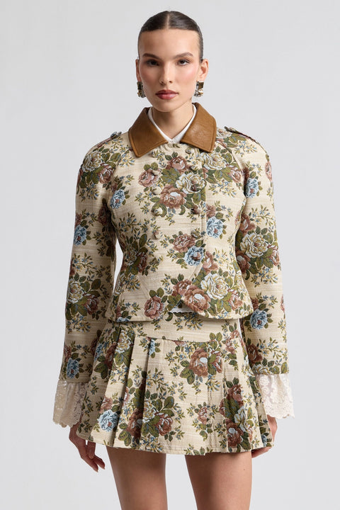 Floral Brocade Fitted Blazer with Lace Trim Sleeves