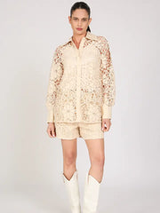 Floral Cutout Lace Detail Top & Shorts Set-Set-Beulah Style-S-Ivory-Urbanheer