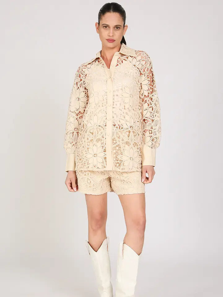 Floral Cutout Lace Detail Top & Shorts Set-Set-Beulah Style-S-Ivory-Urbanheer